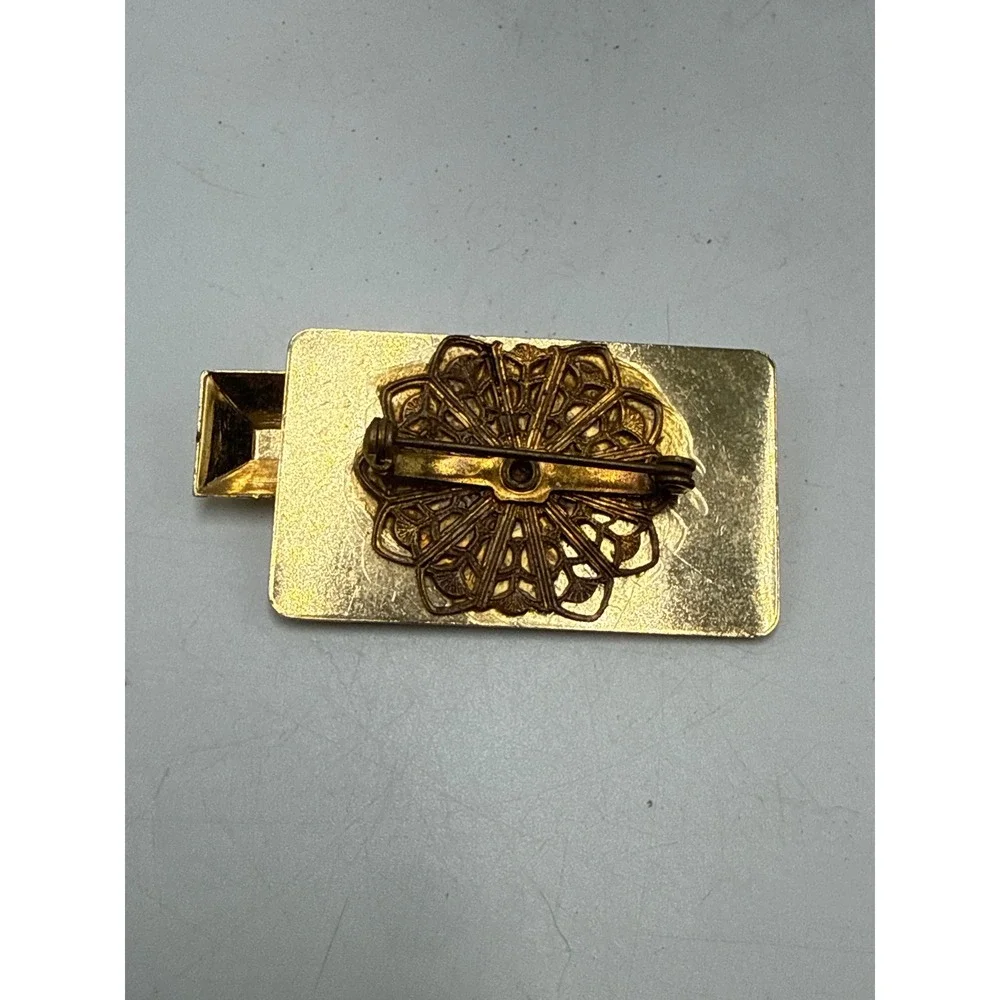 Vintage Gold Tone Geometric Rhinestone Rectangular Brooch Mid Century Modern Pin